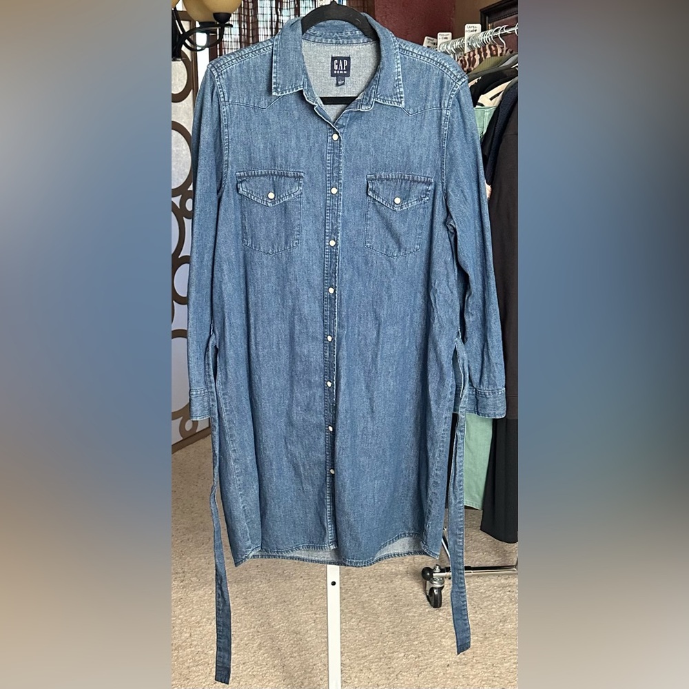 GAP Denim Shirt Dress Western Snap Tie Waist Dark Wash Large